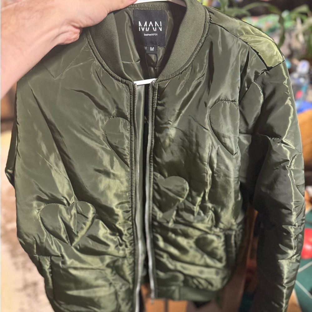 Boohoo Olive Bomber Jacket with Heart Accents